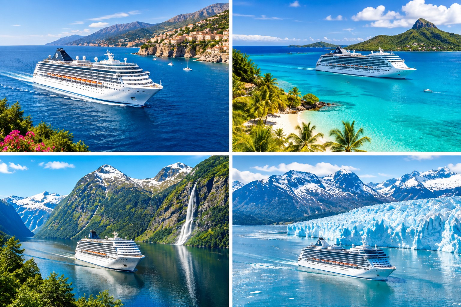Cruise ships sailing through Mediterranean, Caribbean, Norwegian Fjords and Alaska scenery